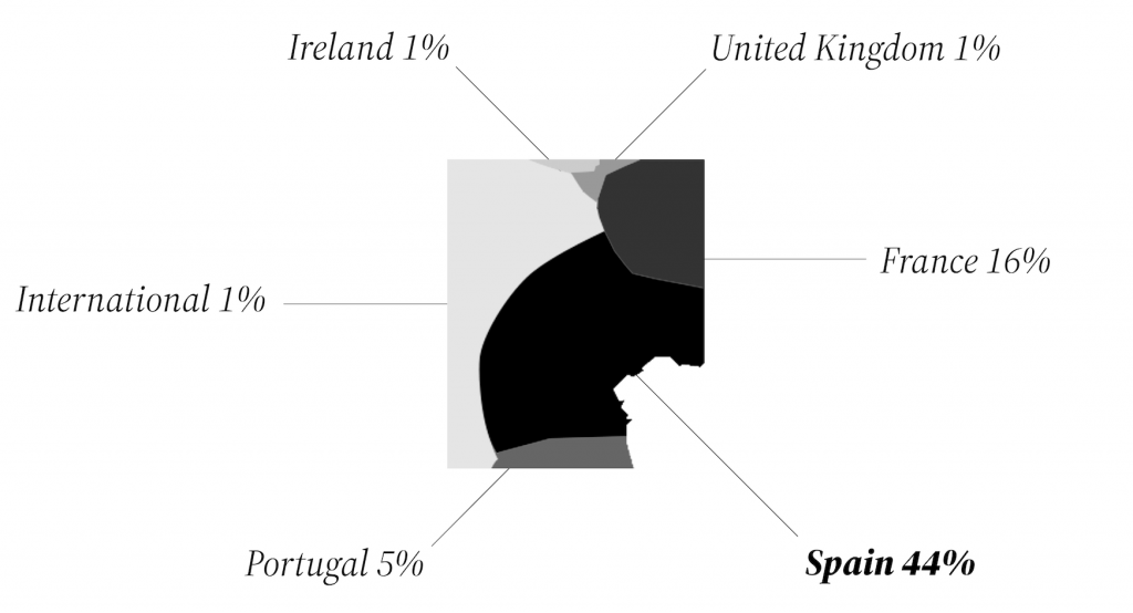 FitzRoy, Spain 44%, France 16%, Portugal 5%, UK 1%, Ireland 1%, International 1%.